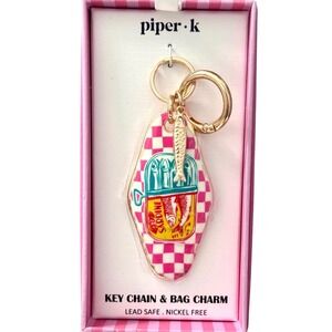 Piper K Sardine Can Key Chain Bag Charm Pink Checkered Motel Fob Gold Tone‎ New